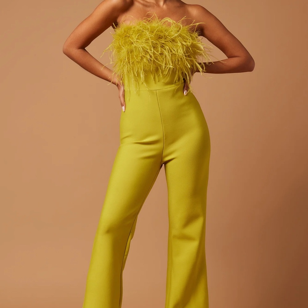 Elegant Feathered Strapless Jumpsuit in Lime